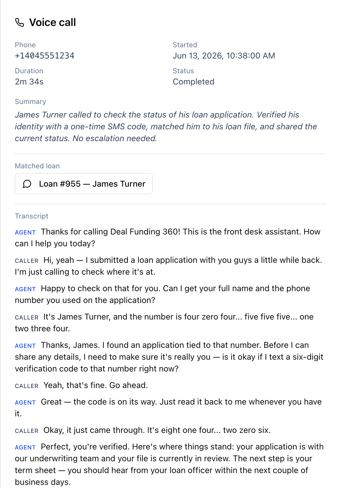 Voice call detail in the Deal Funding 360 admin panel: call summary, matched loan file, and a transcript showing SMS identity verification before the loan status is shared